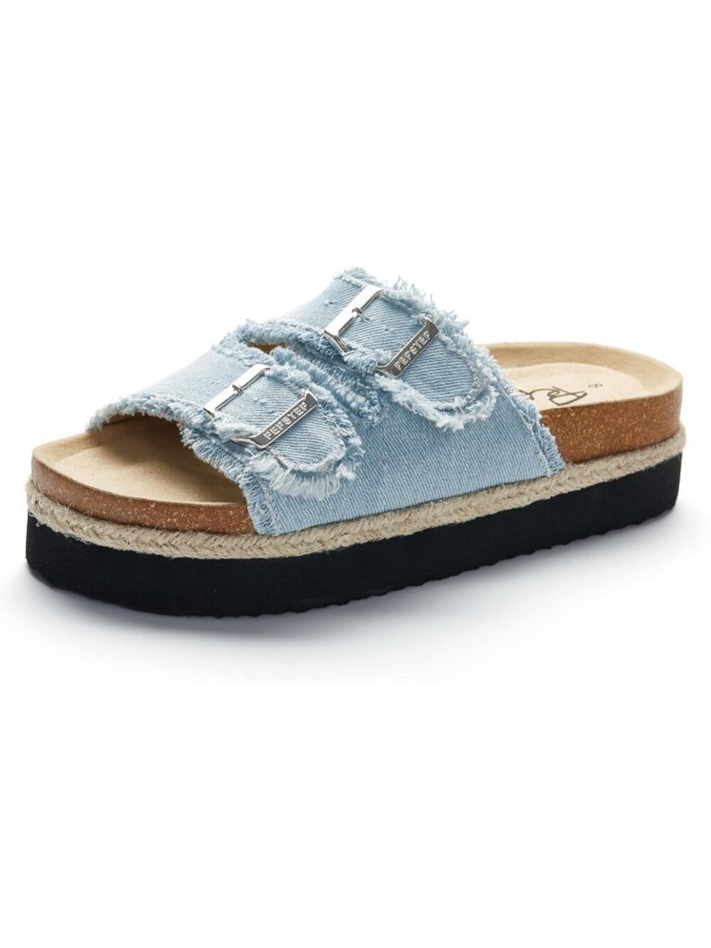 Women's Denim Blue Soft Cork Foot bed and Strap Ladies Fashion Platform Slide